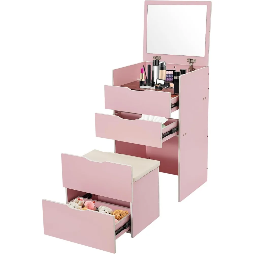 3 pièces, couleur crème, avec miroir pliant et tabouret, grande armoire de rangement de 40 x 48 x 80 cm, convient comme coiffe