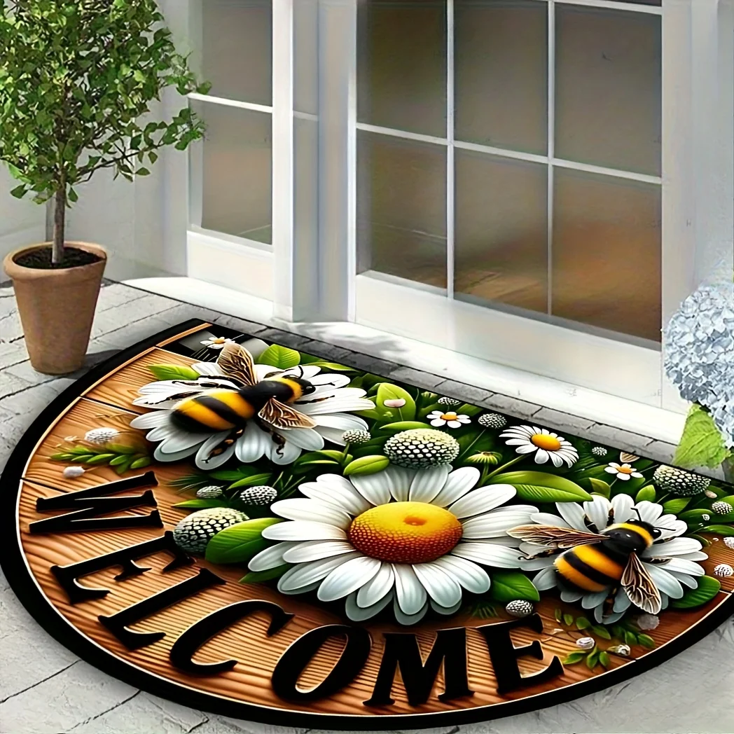 Tapete semicircular tema flor e abelha, tapete de porta interno/externo, adequado para sala de estar, terraço, decoração de casa, 1 peça