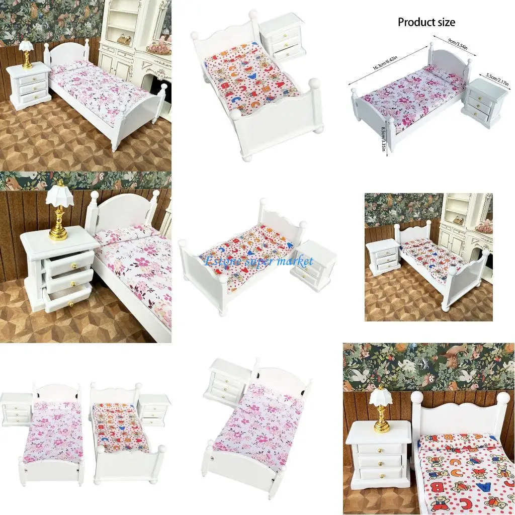 

090B Детальная миниатюрная деревянная кровать и приставной столик, мебель, масштаб 1/12, аксессуары для кукольного дома для