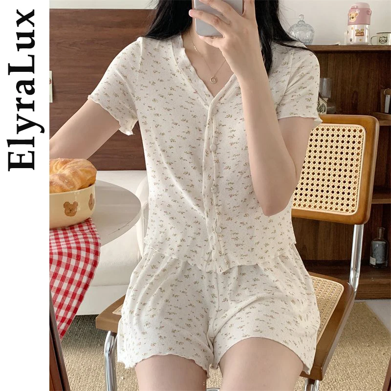 

ElyraLux Summer Floral Print Nightgown Set Women's Ice Silk ort Pants Lace Home Clothes Can Be Worn outside V-Neck Korean Style
