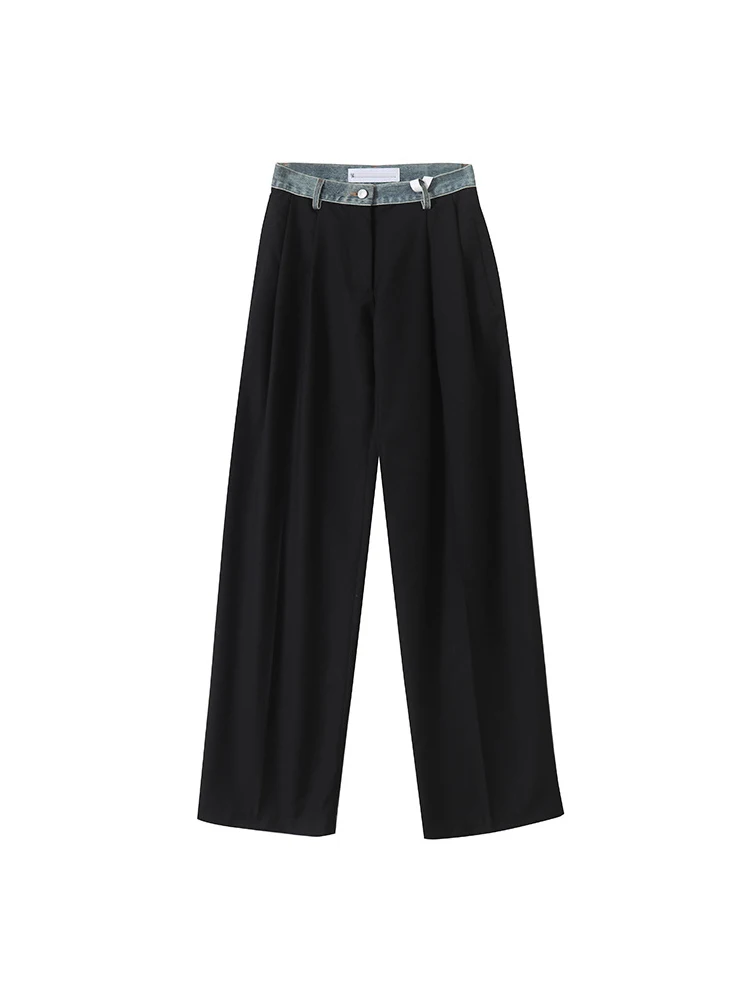 

Casual Denim High Waist Straight Leg Suit Pants Splice Design Drapey Comfortable Women's Faion Design Trousers