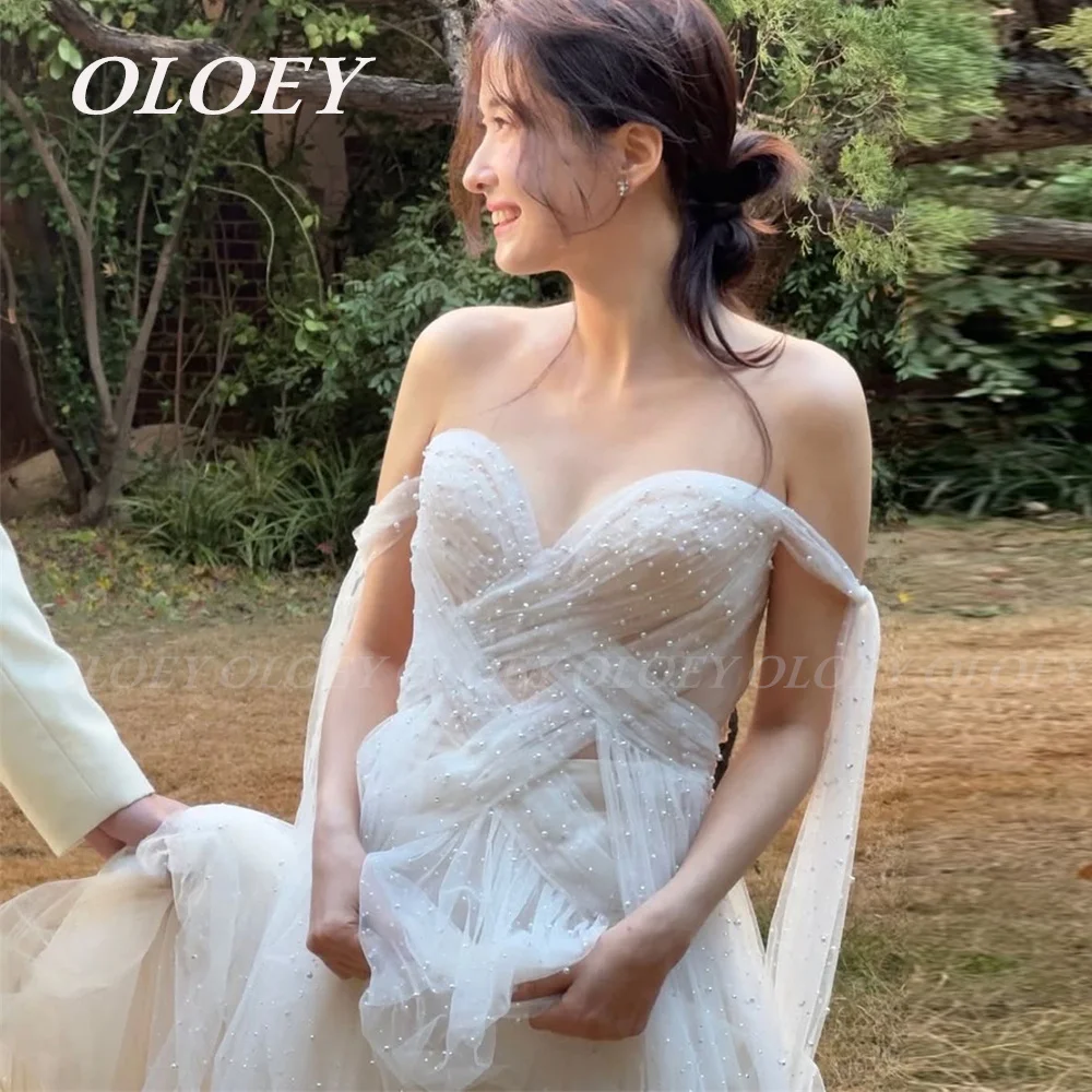 

OLOEY Sexy Pearls A Line Wedding Dress Korea Photo Shoot Sweetheart Neck Floor Length Bridal Gown Draped Tulle Customized