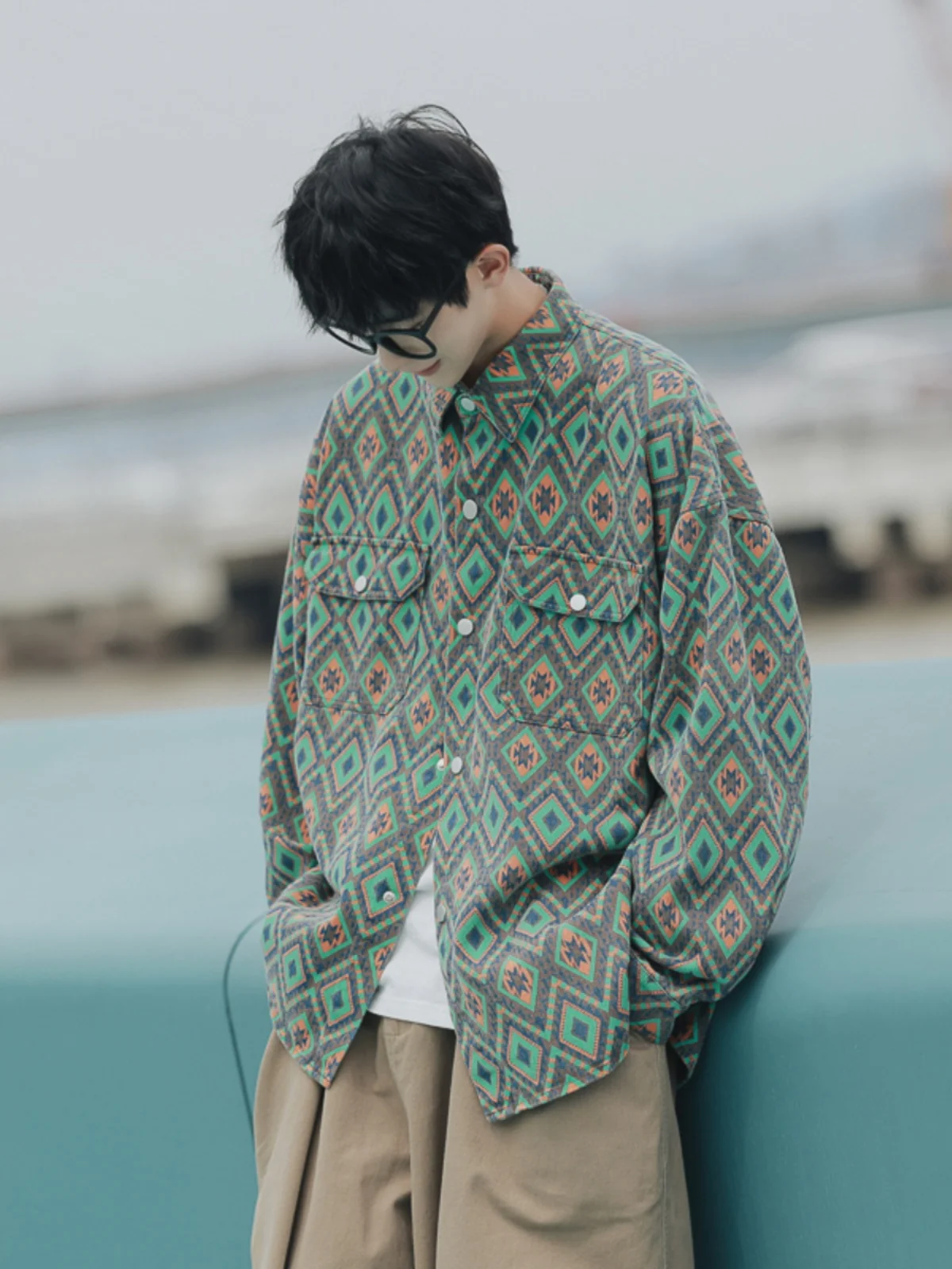 American Sle Men's Denim irt Spring Season High-End Baroque Jaet Retro Workwear irt Floral Print Loose Fit Long Sve