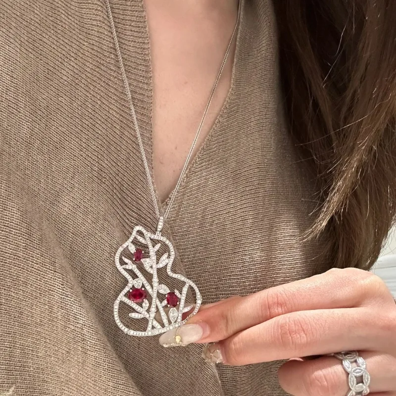 

Exquisite ruby gourd necklace light luxury High quality Chinese style fashion silver 925 bamboo collar chain wedding jewelry