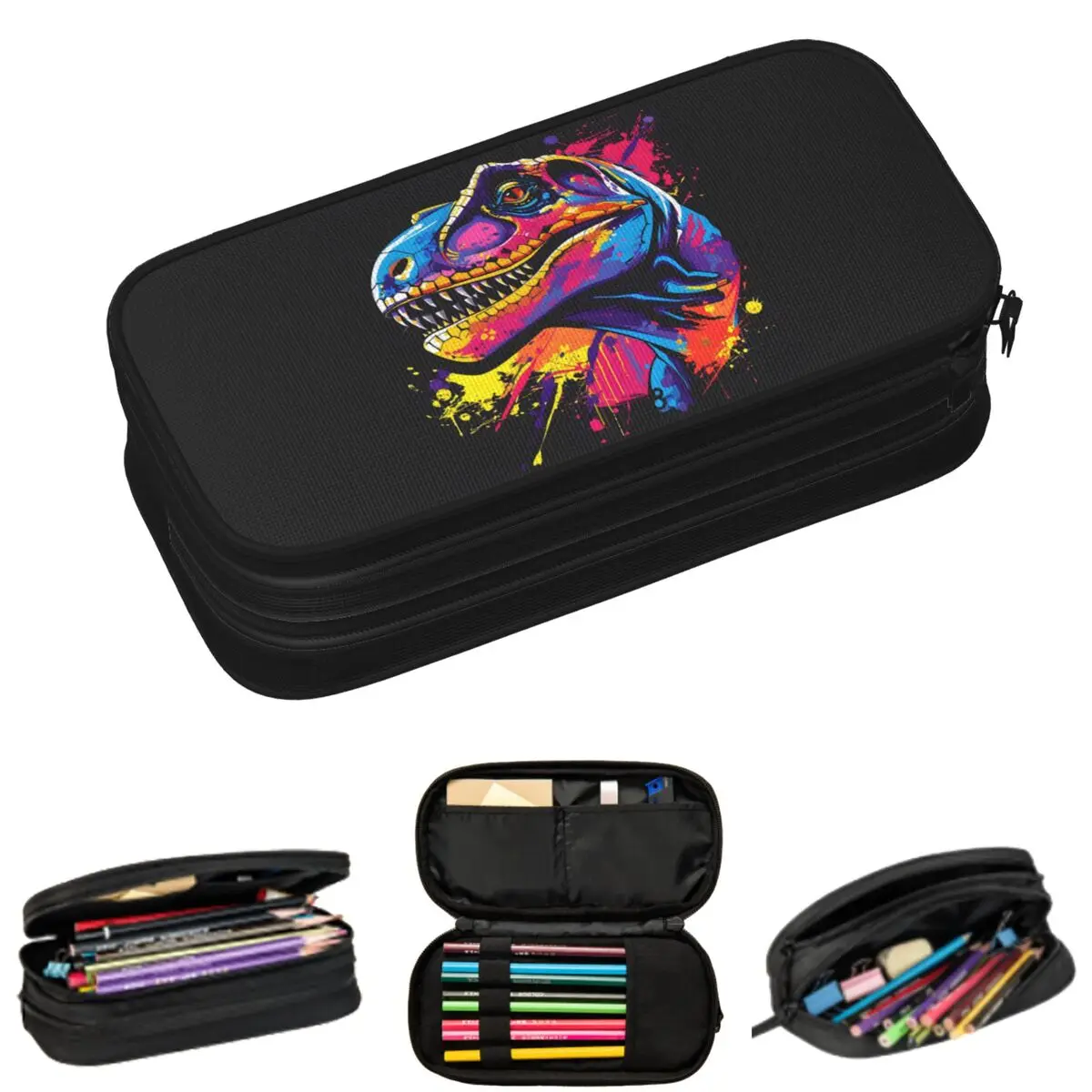 Vibrant Colorful Graffiti Dinosaur Themed Pencil Cases for Student School Pen Box Pencil Bag Big Capacity Pencil Pouch