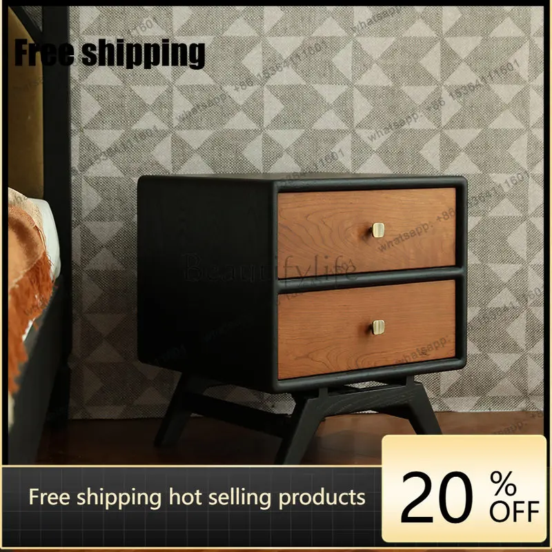 LD retro matte black solid wood bedside table bedside storage cabinet simple contrast color