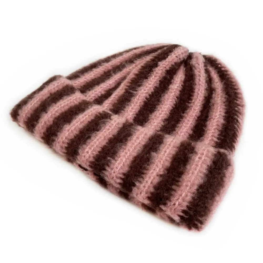 New Striped Knitted Beanie Cap Windproof Flanged Design Cold Proof Warm Hat Outdoor Cycling Pullover Knitted Hat Autumn Winter