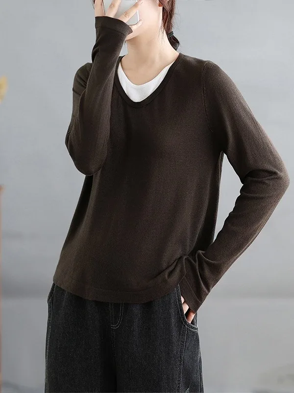 

Casual Loose Elastic Knitted Top Color Blo Long Sve round Ne Artistic Simple Sle plus Size Women's Faion Spring Au...