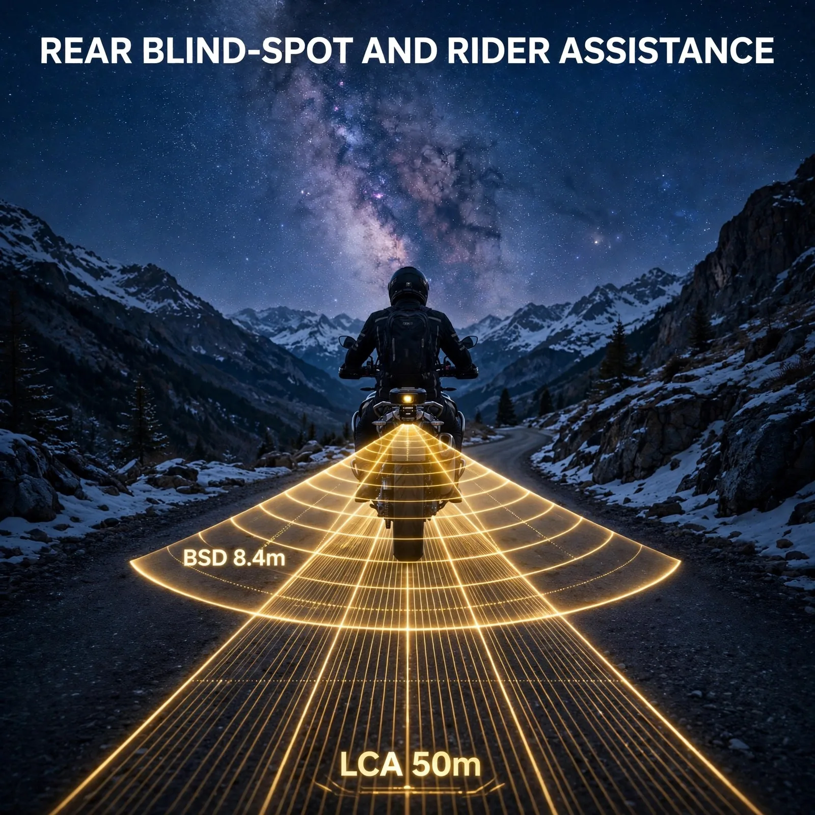 77GHz Motorcycle Blind Spot Radar – Starlight Pass Series, Dual Amber LED Mirror Indicators, BSD 8.4m / LCA 50m, IP67, 9–24V DC