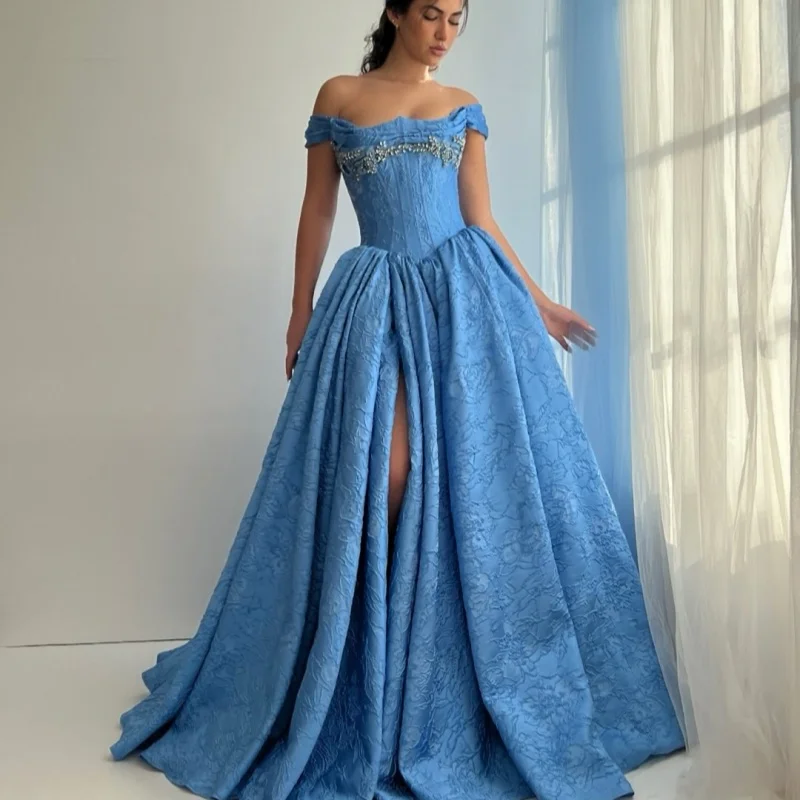 Blue Quinceanera Dresses off-shoulder Crystal Glitter Decal Long tail Slit  De 15 Quinceanera Customize