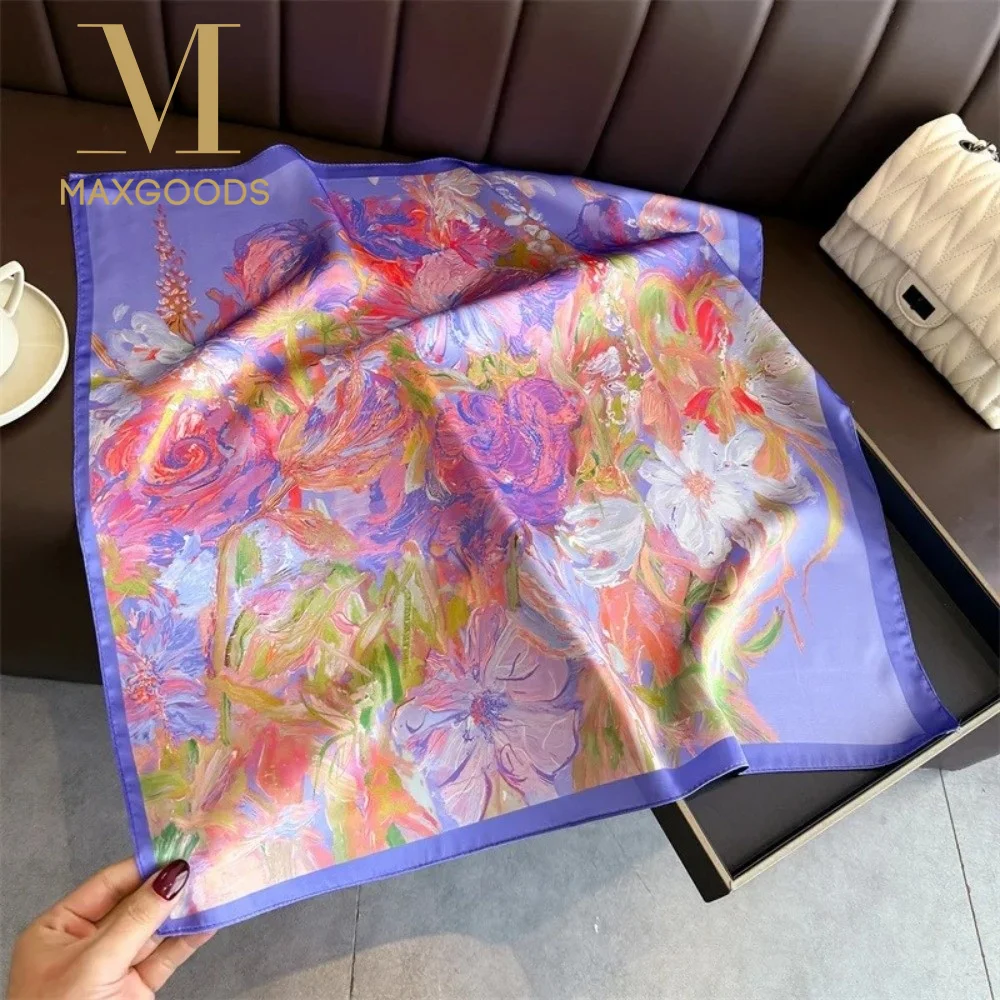 

Fashion 70cm Luxury Square Silk Scarf Flower Print Design Bag Tie Ribbon Women Headscarf Silk Feel Lady Headband Bandana