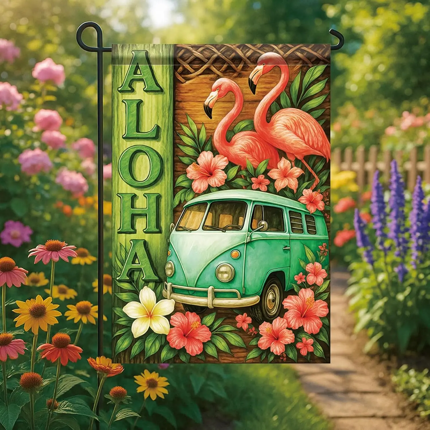 Summer Garden Flag 12x18 Inch Aloha Flamingo Vintage Van Tropical Hibiscus Floral Island Style Outdoor Yard Porch Lawn for S ZZM