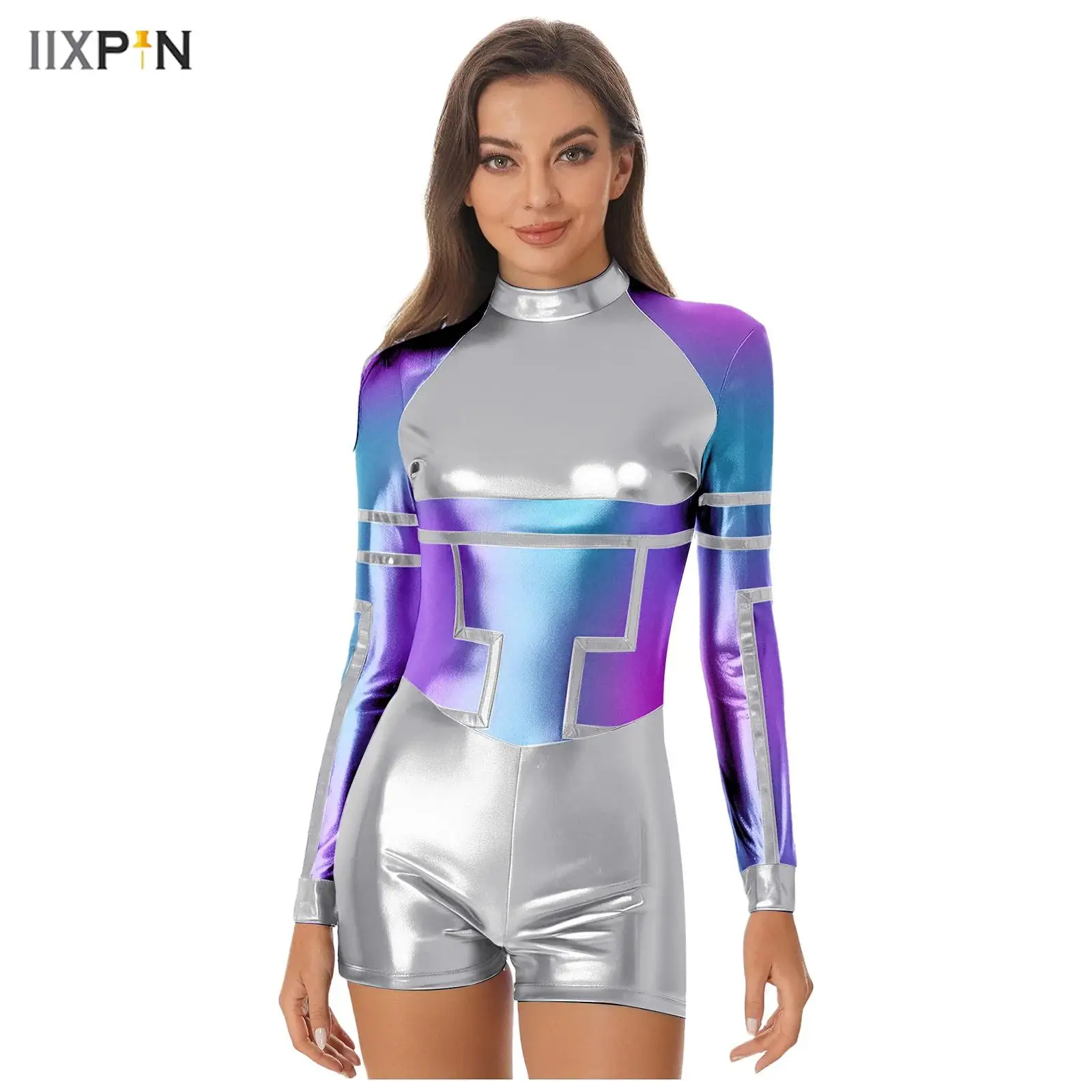 

Women Halloween Alien Robot Cosplay Jumpsuit Contrast Color Metallic Shiny Long Sleeve Bodysuit for Astronaut Space Themed Party