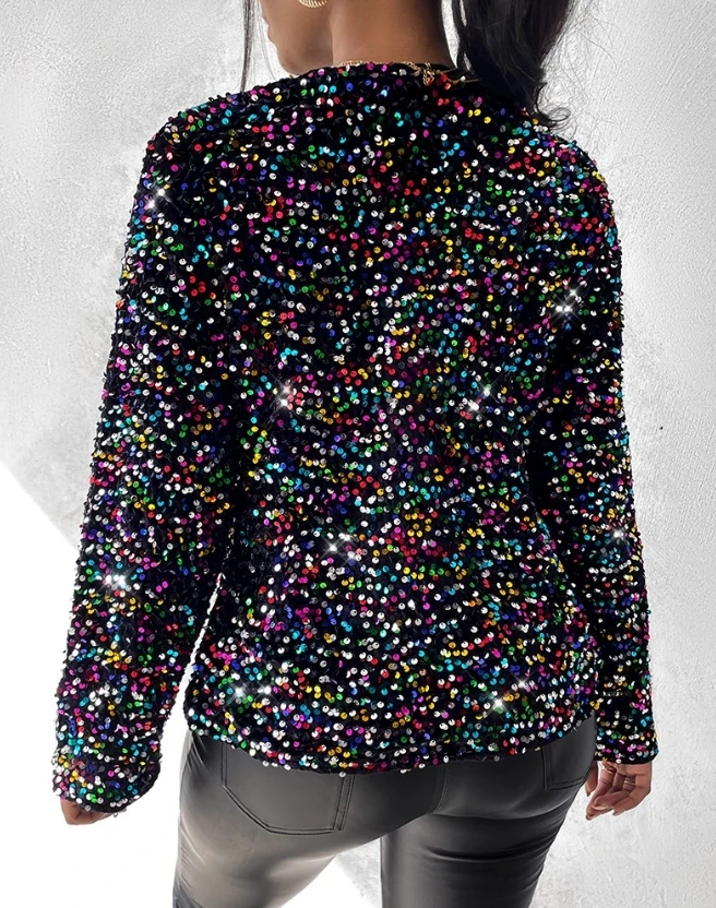 Cappotto a contrasto a blocchi di colore con paillettes pieno colorato, nuova moda di vendita calda Casual nuova manica lunga abbottonata abbigliamento donna