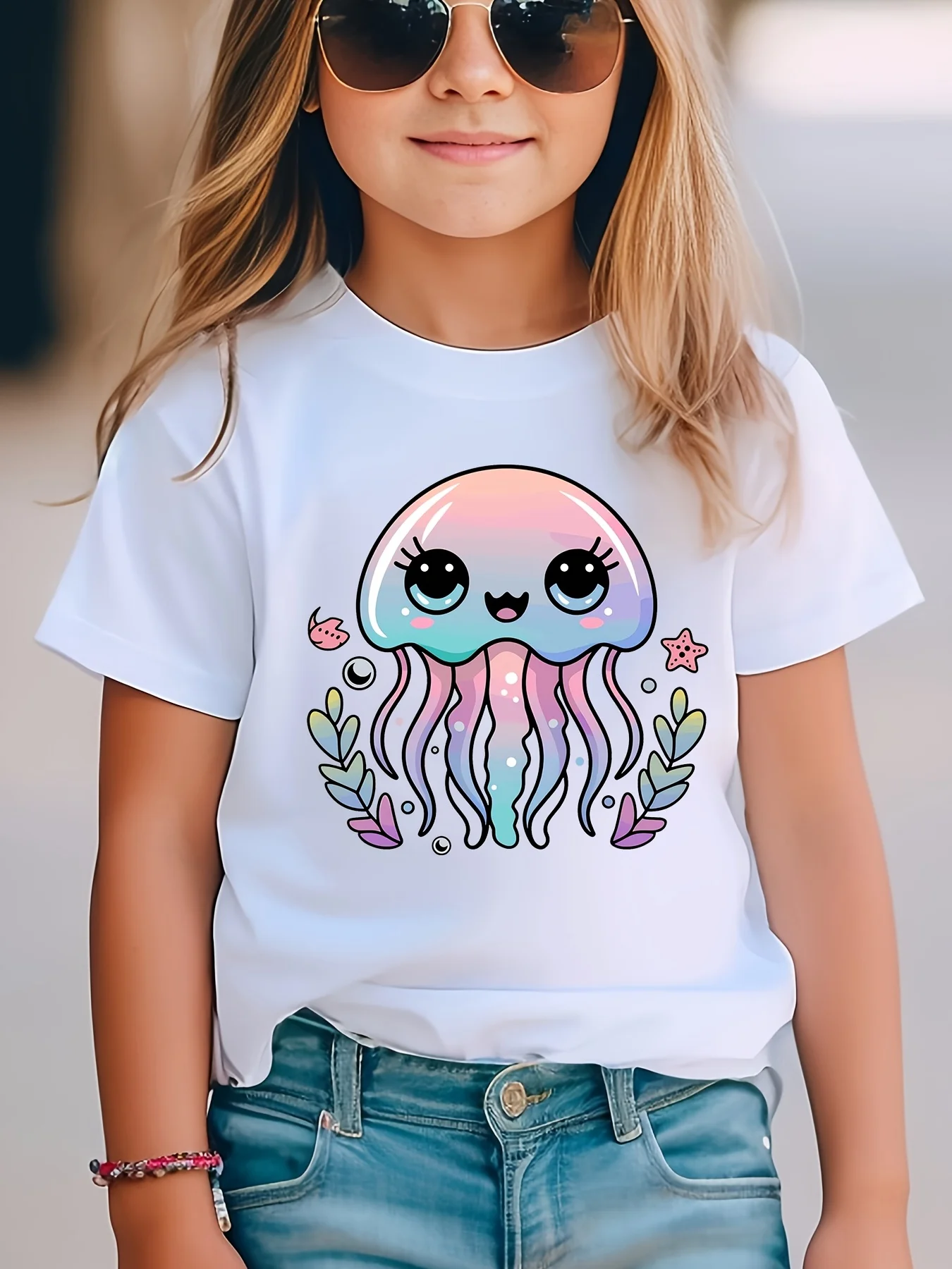 Boys Girls Family Matching Tee Lovely Colorful Jellyfish Marine Life Print Short Sleeve Soft Cotton Kids Daily Outdoor Outfit