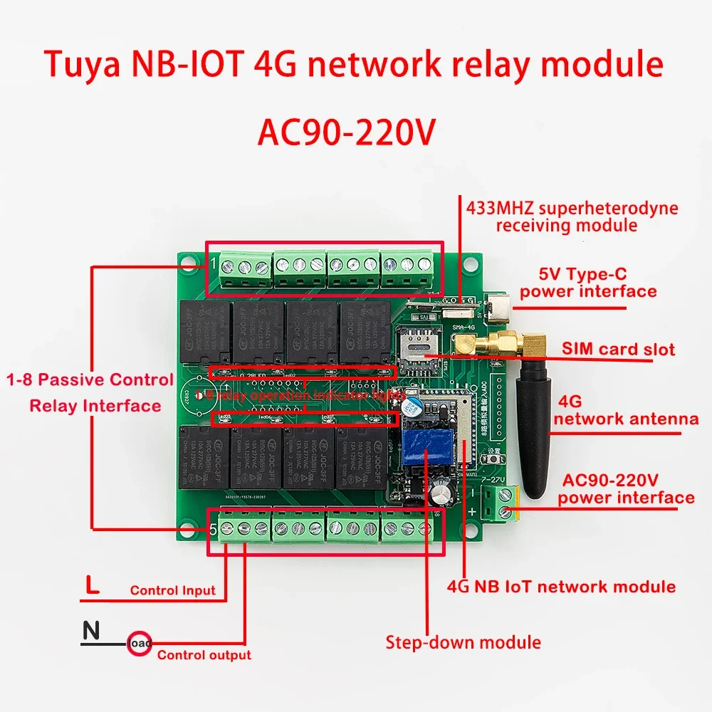 Tuya 8 Way Wireless Switch DC 7-27V NB-IOT Internet of Things 4G Relay Module Remote Control 433MHz DIY Smart Home Automation