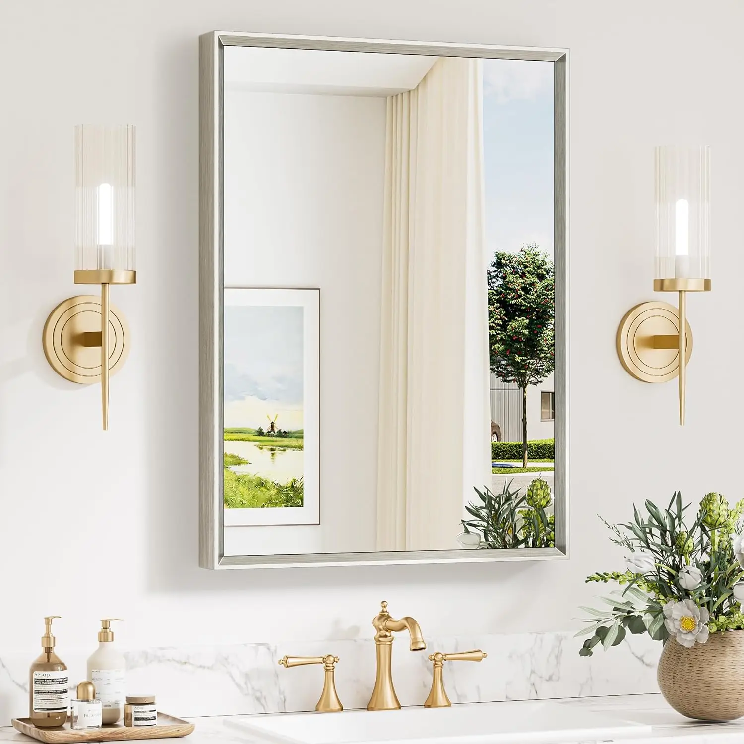 

Зеркала для ванной комнаты 22 x 30 дюймов, матовый никель, для установки над раковиной, прямоугольные зеркала с фаской для стены, в стиле фермерского дома