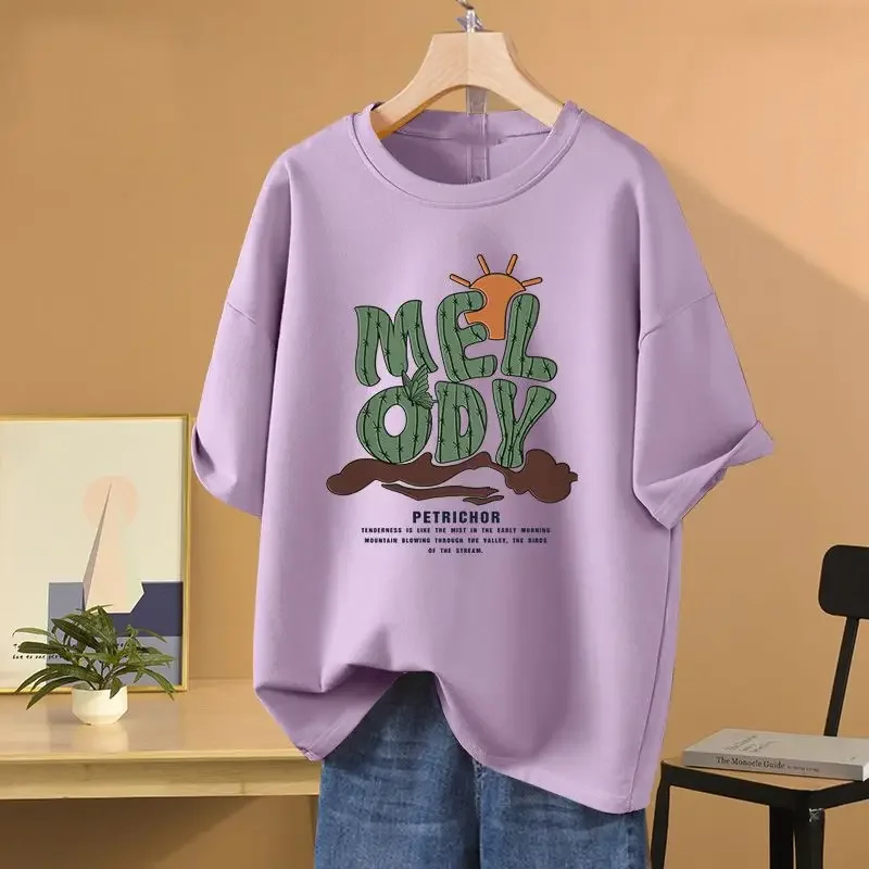 Atasan bercetak kartun wanita, atasan pullover kasual katun Murni leher O, longgar lengan pendek