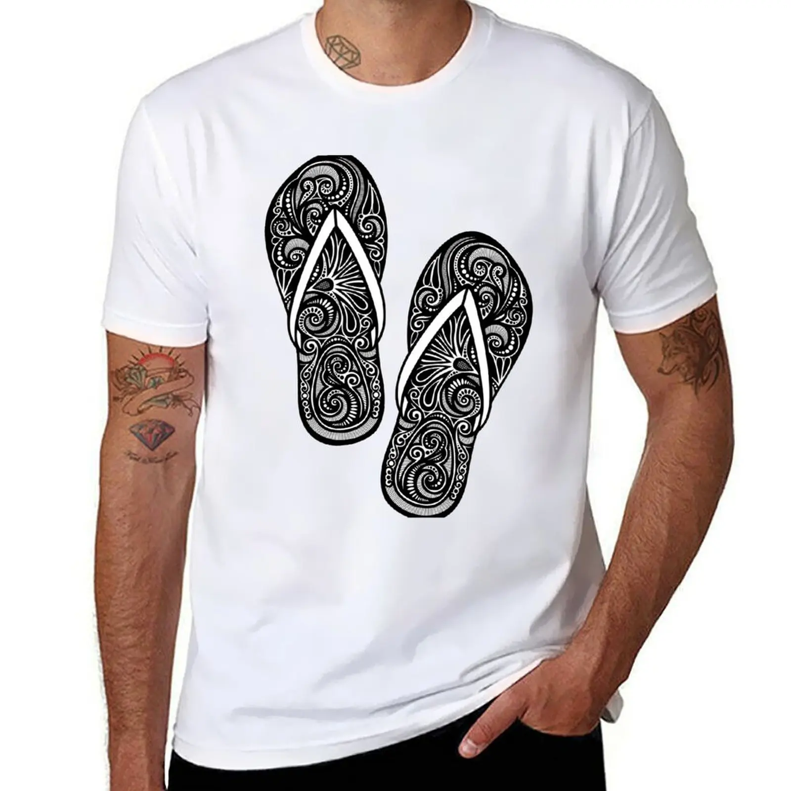 

Decorative Pair of Flip-flops with Doodle Ornament T-Shirt anime tshirt t shirt for man t shirts for man slim fit T-shirt