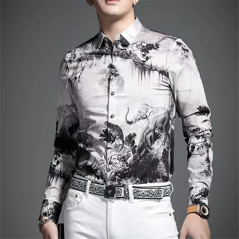 Y2K Men Fashion Printed Vintage Shirt New Spring Hawaiian Mens Long Sleeve Casual Luxury Beach Shirts Man Tops Chemises Hommes