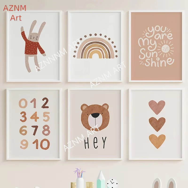 Kawaii Kaninchen Bär Sonne Regenbogen Herz Nummer Nordische Boho Poster Wandkunst Leinwanddruck Gemälde Bilder Baby Kinderzimmer Deko
