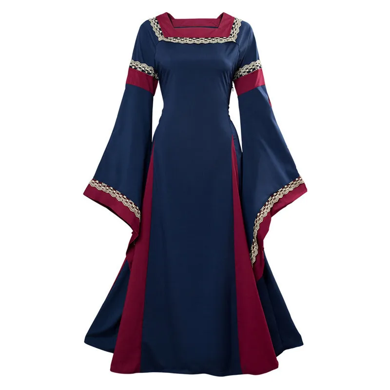 

Medieval Renaissance Court Dress Square Neck Lace Trim High Waist Fitted Long Skirt Drama Cosplay Costume