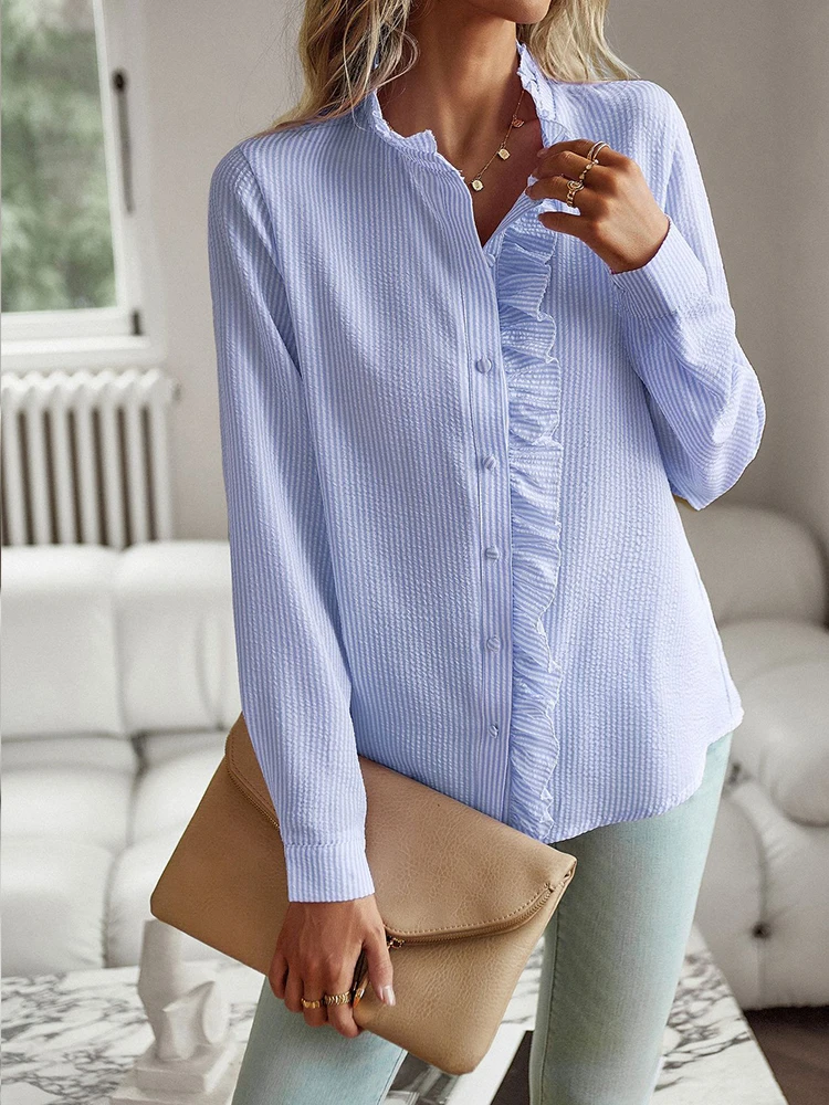 

Shirt Women Long Sleeve Top Office Ladies Solid Color Causal Blouse Female Fashion Ruched Stand Collar Button Shirt Blusas