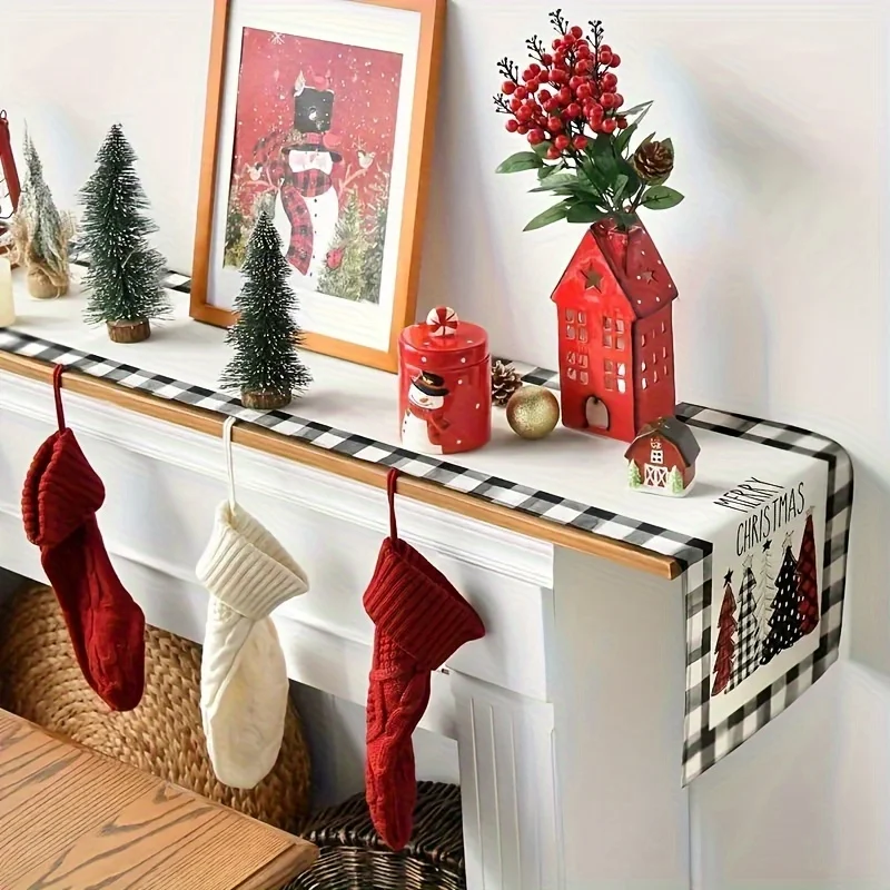 Buffalo Plaid Christmas Table Runner Dining Table Runner for Coffee Watercolor Merry Xmas Holiday Decor for Kitchen, Dining