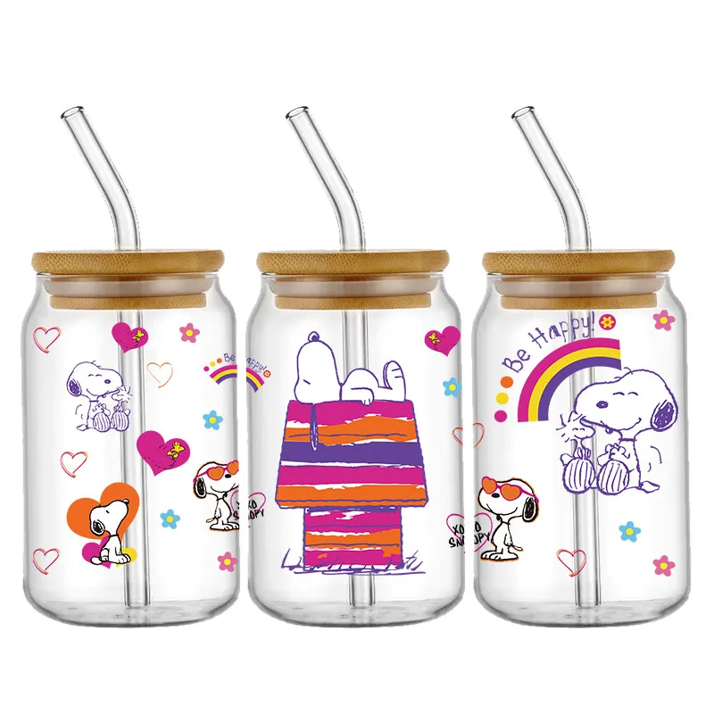 Cute Cartoon Snoopy UV DTF Transfer Glass Sticker Waterproof Transfers Decals For 16oz Glass Cup Wrap Stickers