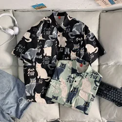 Summer High Quality Mens Hawaiian Shirt 3D Animal Black Cat Printed Short Lapel Sleeve Big Size Hawaii Men Beach Floral Shirts