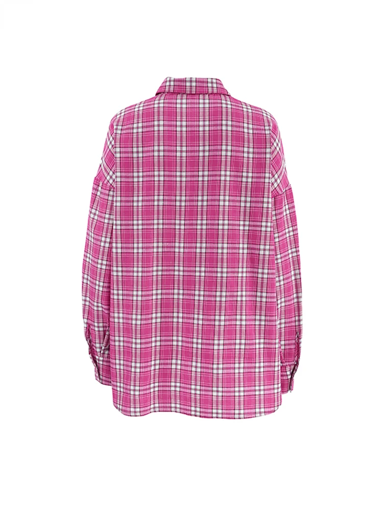 Pink Brightly Plaid Shirts For Women Spring Summer 2024 Long Sleeves Classic Lapel Blouses And Tops Oversize Checked