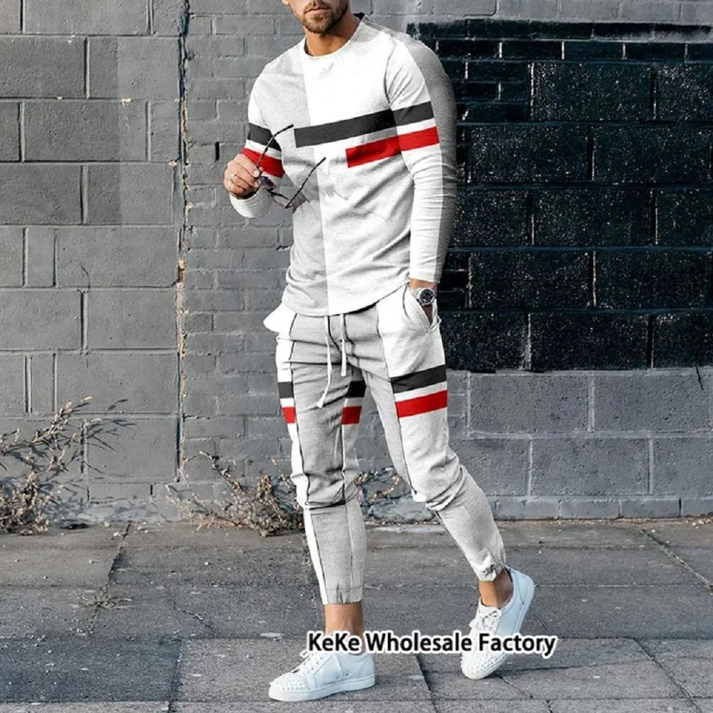 New Fashion Man Tracksuit Sets Striped Jogging Outfits Oversized Men Clothing Long Sleeve T Shirt 2 Piece Cool Suits