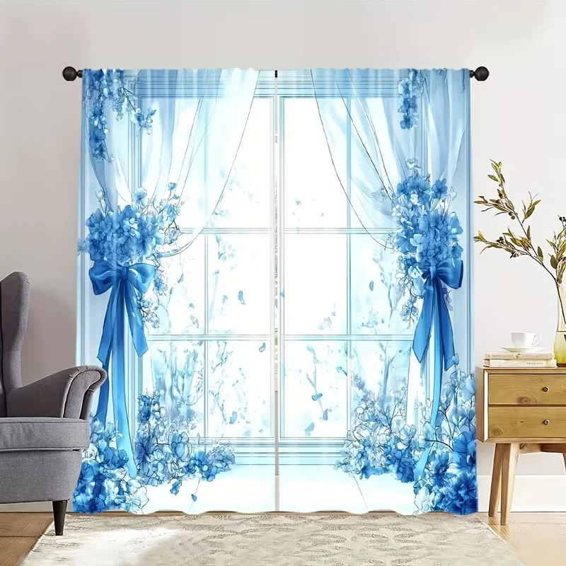 2PC Light Blue Floral Bow Sheer Curtains - Soft Romantic Window Print Drapes for Bedroom Living Room Decor