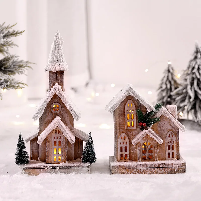 Christmas Wood Glowing Christmas Wooden House Snow House Decoration Christmas Tree Castle Window Display Scene Layout