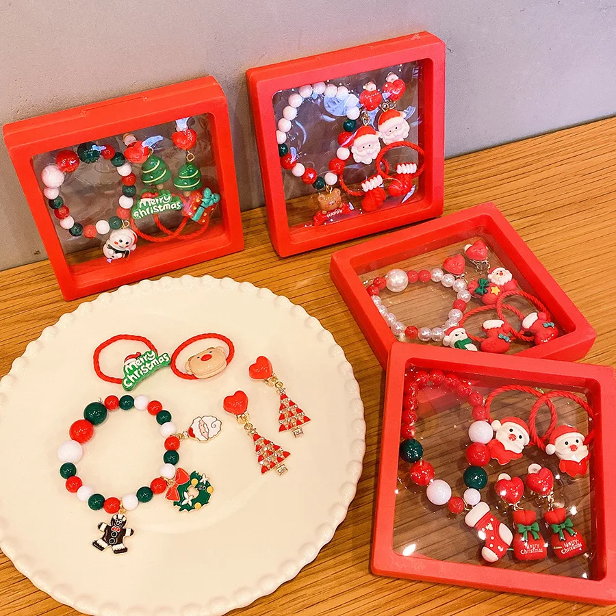 5 pezzi braccialetto per bambini anello orecchino set Babbo Natale alce ragazze regalo festa anello orecchio clip gioielli per bambini