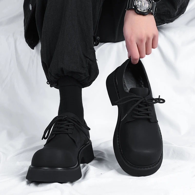 Men's Chunky Platform Derby Shoes Matte Black Leather Thick Sole Minimalist Gothic Lace-Up Streetwear Footwear Size 38-46 New No