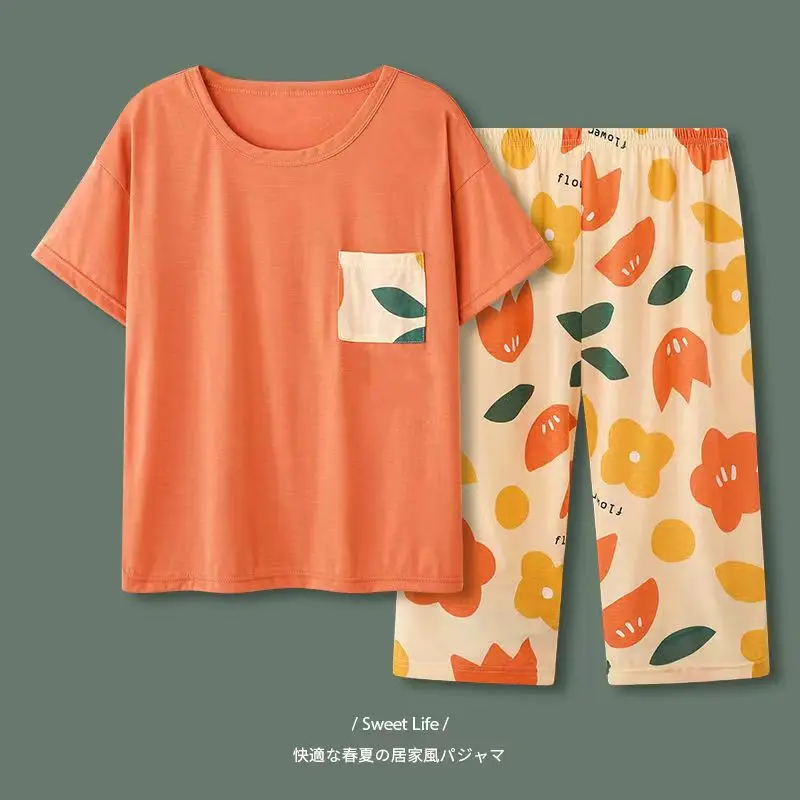 

Women's Summer Pajamas: Short-Sleeve, 3/4-Length Pants, Pullover, Round Neck, Spring/Fall Style, Plus Size, Loungewear Set