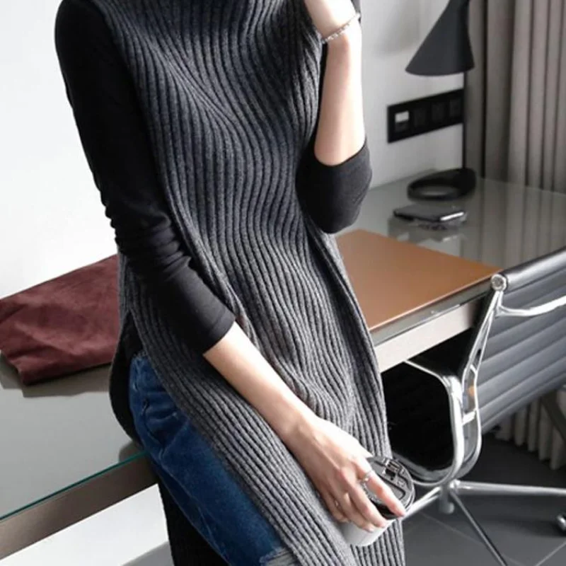 Casual sweater vest female 2023 autumn and winter sweater women pullover medium and long half high neck split with knitwear vest