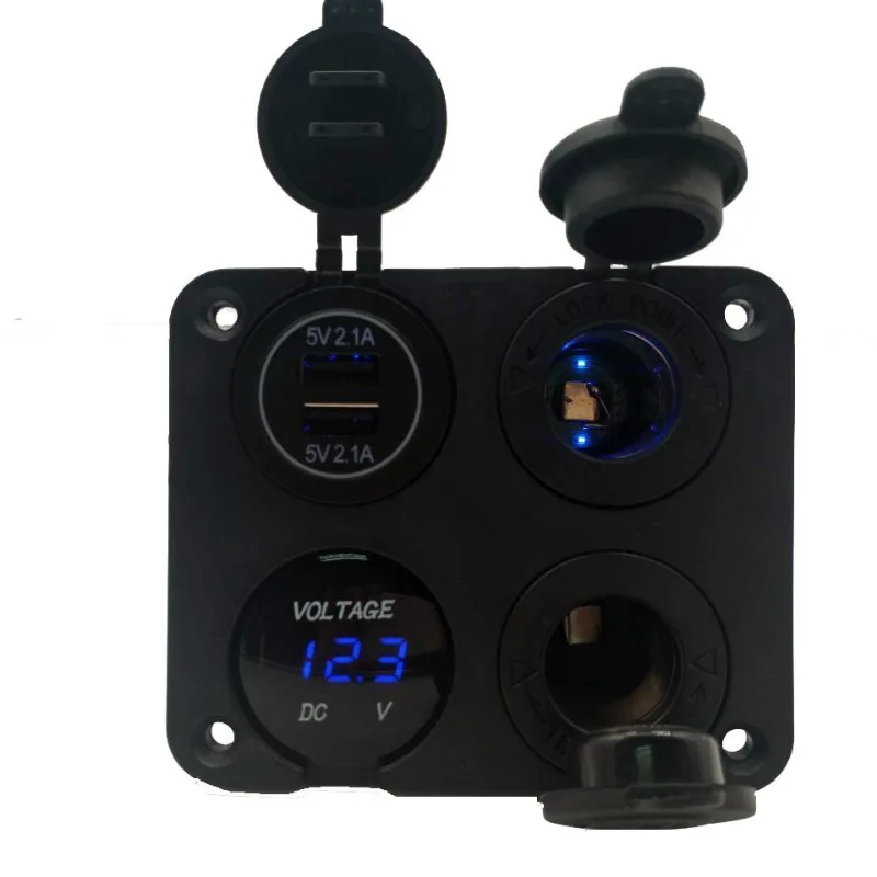 12V 24V Auto Yacht Retrofit Four Hole Panel, 2 x USB 5V 4.2A Car Charger, Cigarette Lighter, and Voltmeter Switch 4 in 1 Board