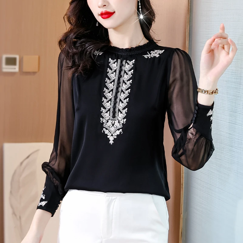 بلوزات نسائية غير رسمية قمصان مطرزة موضة فضفاضة للربيع/الصيف برقبة دائرية ملابس من الساتان بأكمام طويلة قطع علوية نسائية كورية #1