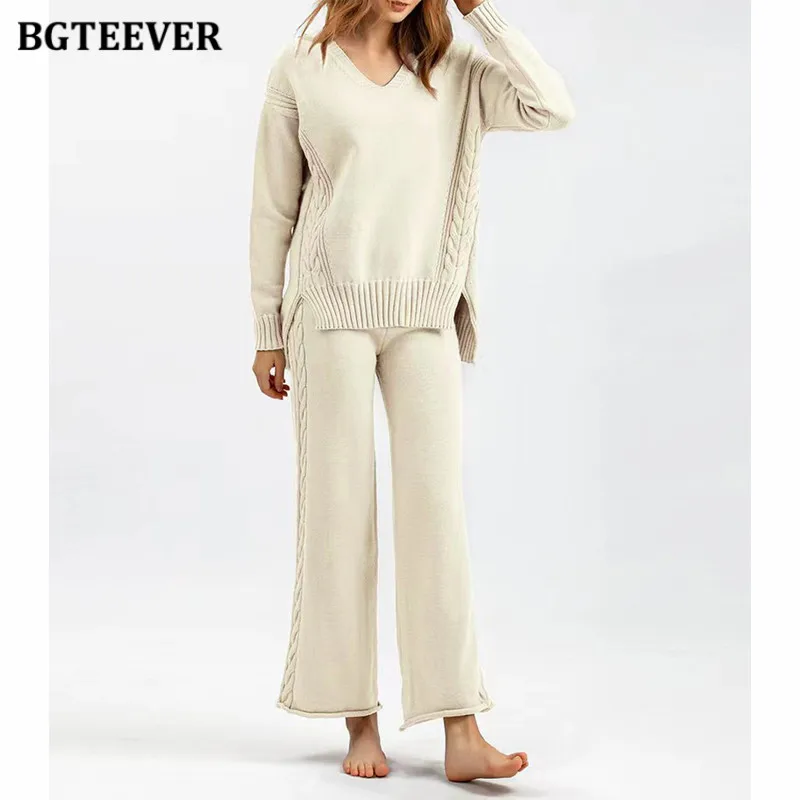 

BGTEEVER повседневный теплый свободный женский комплект из 2 предметов, вязаный комплект, пуловеры с v-образным вырезом, женские широкие брюки, осенне-зимний свитер, комплект для женщин
