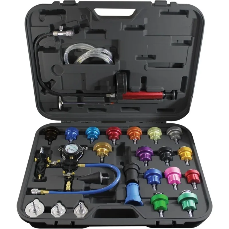 

Radiator Pressure Vacuum System Kit 35 psi Leak Tester Coolant Refill Tool with Gauge 19 Adapters