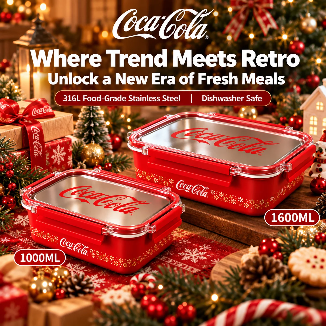 Coca-Cola 316L Stainless Steel Lunch Box Leakproof Food Container 1000/1600ML Meal Prep Bento Box Christmas Gift for Work School