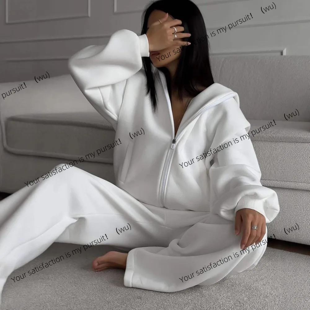 

Модная женская одежда в европейском и американском стиле, повседневные спортивные кардиганы с длинными рукавами и капюшоном, брюки из двух частей, весна