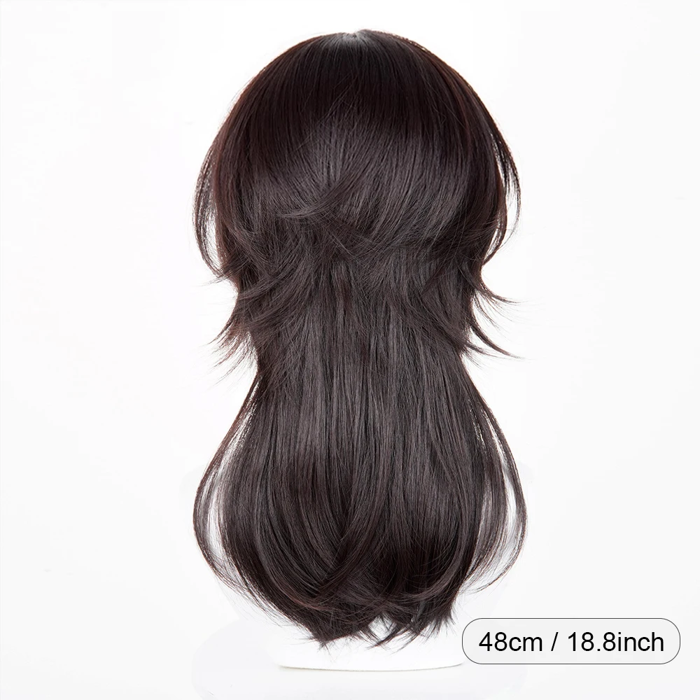Brown Mullet Head Long Straight Synthetic Wigs with Bangs Fluffy Anime Game Cosplay Wig for Daily Party