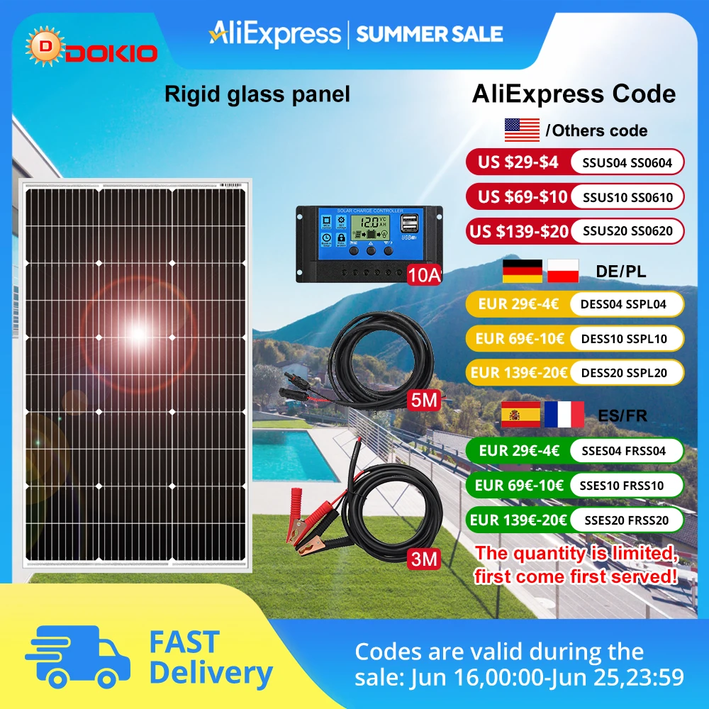 

Dokio 18V 100Wset 200Wset 400Wset Waterproof New Rigid Solar Panel Controller For Home Charge 12V Car Battery Monocrystalline