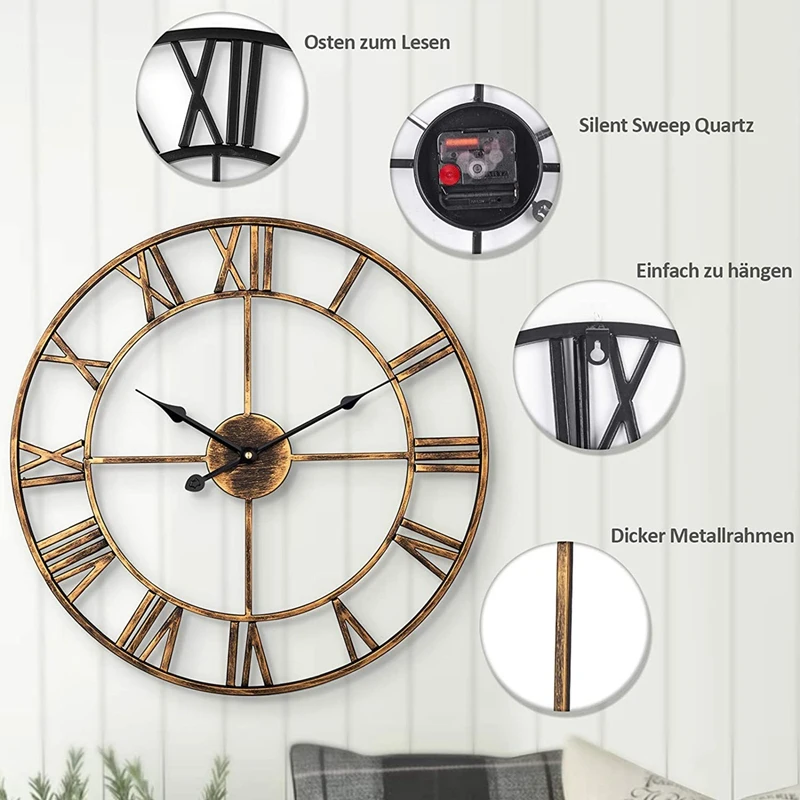 Wall Clock,Retro Analog Golden Metal Clock Ancient Roman Numeral Style Silent Quartz Movement Wall Clock For Home Decor