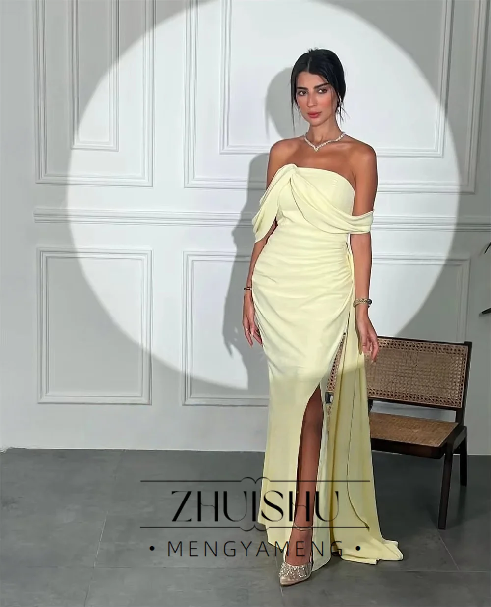Strapless Light Yellow Prom Dresses Off Shoulder Side Slit Dubai Saudi Evening Prom Party Gown vestidos de festa Customized