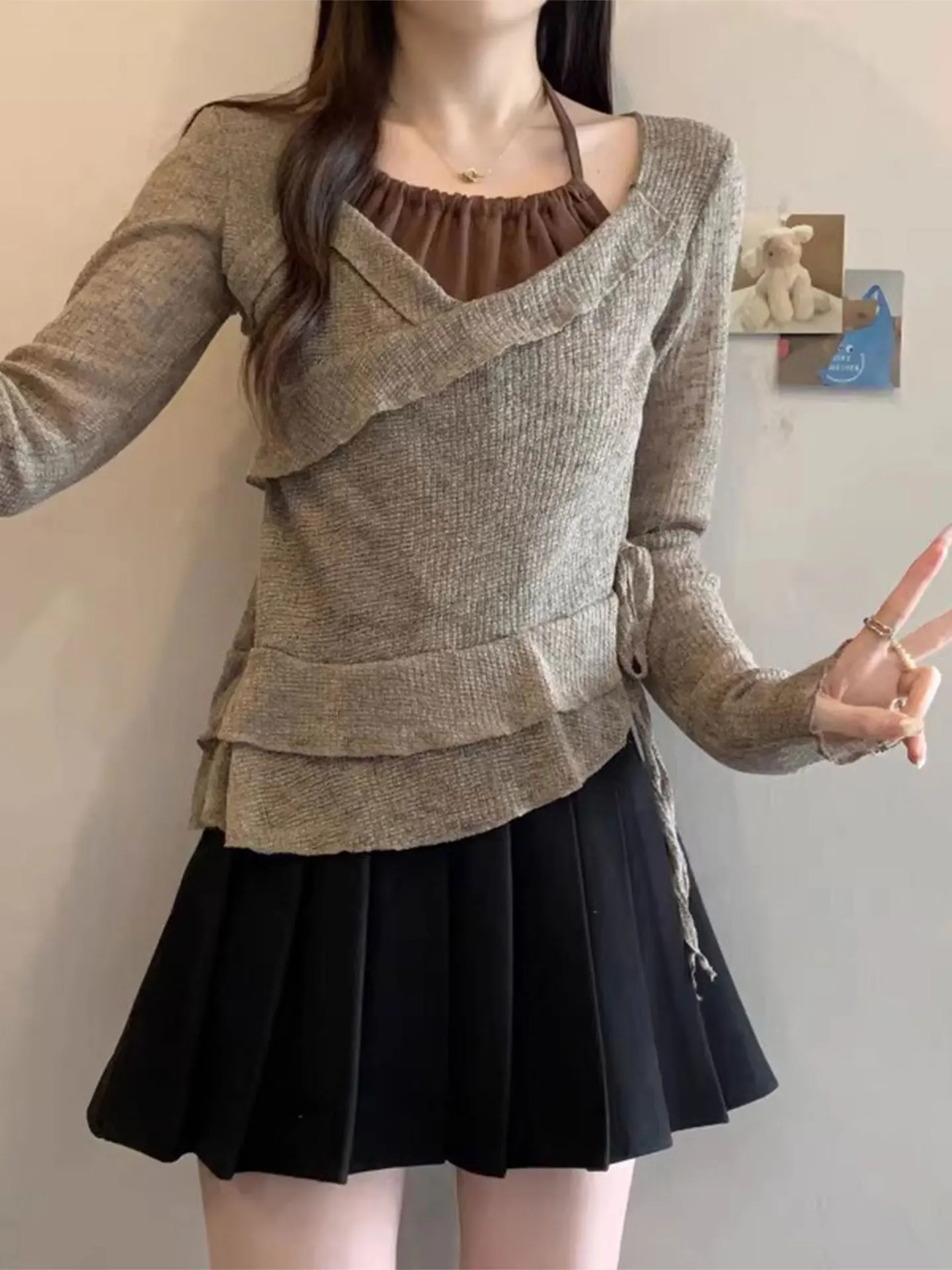 

Весенняя повседневная футболка с длинным рукавом и декоративной отделкой, женская, больших размеров, модная, с универсальным подолом, для молодых девушек