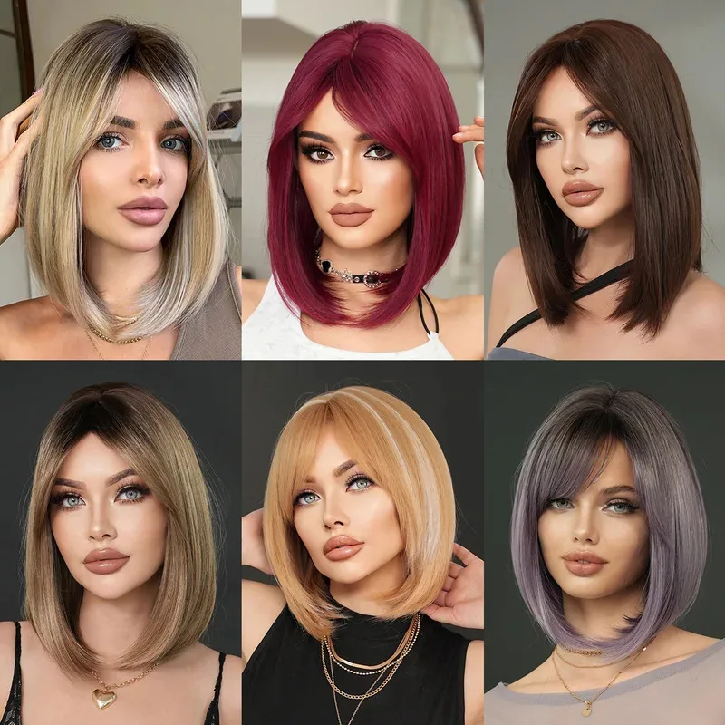 

Golden Gradient Bangs Short Hair Synthetic Wig Shoulder-length Straight Side-split Bangs Wig Women's Bobo Head Wig